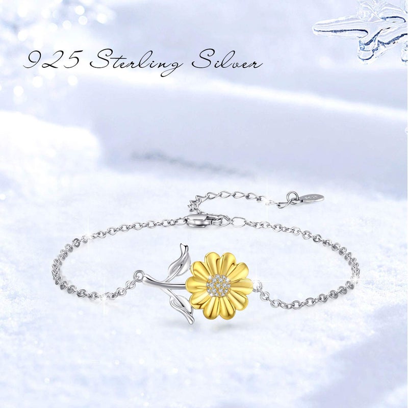 Cuoka Sunflower Bracelet 925 Sterling Silver Sunflower You Are My Sunshine Flower Floral Jewelry Sunflower Mother Day Gift Summer Jewelry for Women Girfriend with Gift Box for Valentine's Day Birthday Anniversary or Christmas Mother's Day - Image 4